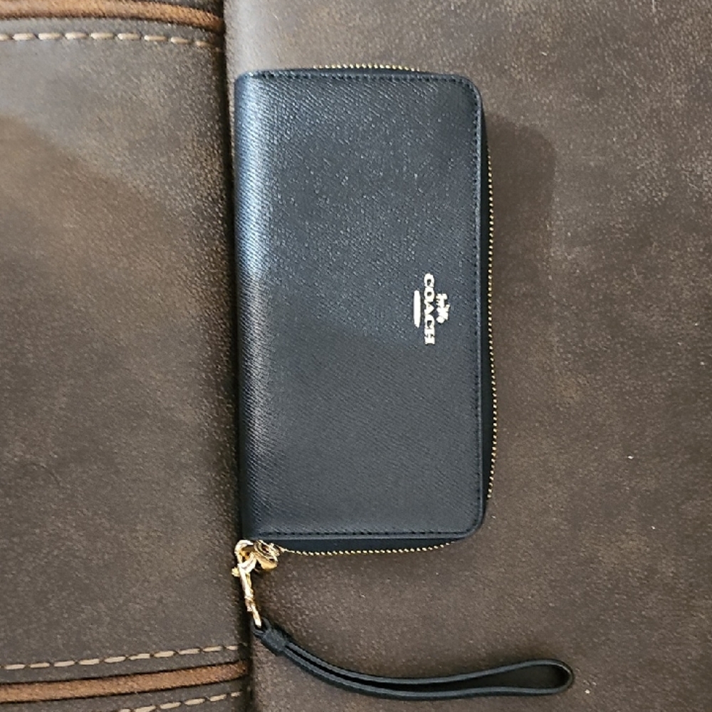 Coach Black Leather Wristlet with Gold Accents